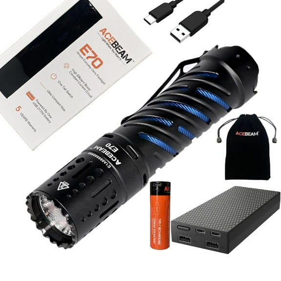COMBO: Acebeam E70 LED Flashlight -4600 Lumens -up to 240 meters throw w/ 5100mAh 21700 Battery and Eco-Sensa 20,000mAh Powerbank