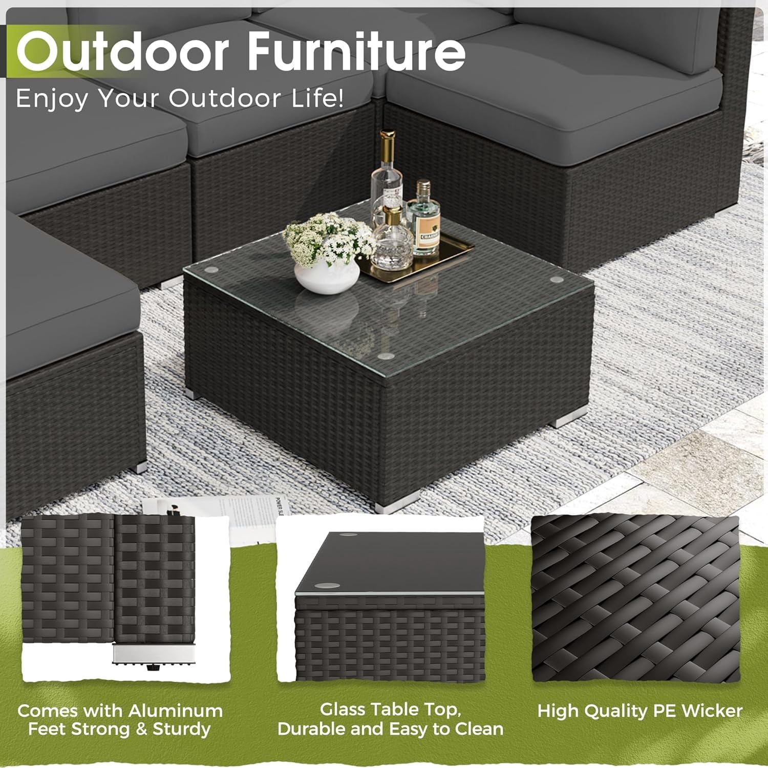 SOLAURA 7-Piece Patio Furniture Outdoor Black Wicker Rattan Sectional Sofa Set Conversation Set with Gray Cushions