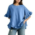 thumbnail image 1 of Blouse à Col à Volants pour Femmes - Chemise Boutonnée à Manches Courtes d'Été, Coupe Ample Décontractée Col Rond avec Détails Féminins (Bleu / S), 1 of 7