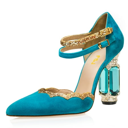 FSJ Women Sexy Crystal Sturdy Block High Heels Pumps Pointed Closed Toe Ankle Strap Adjustable Double Buckle Strap D Orsay Sandals Party Wedding Shoes Size 16 Blue