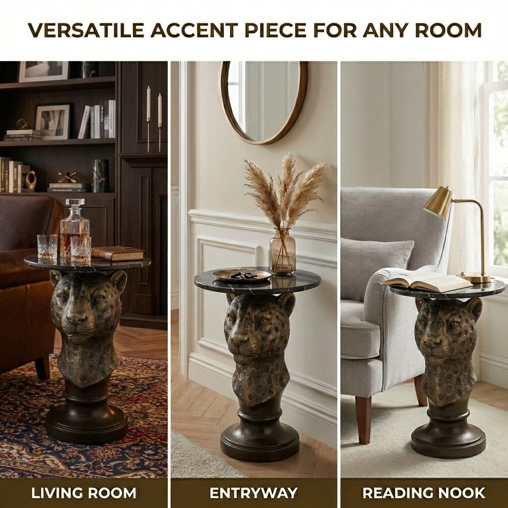Leopard Head Accent Table, Animal Statue End Table with Faux Marble Top, Resin Sculpture Side Table for Living Room, Hallway, Boutique Display, Antique Brown