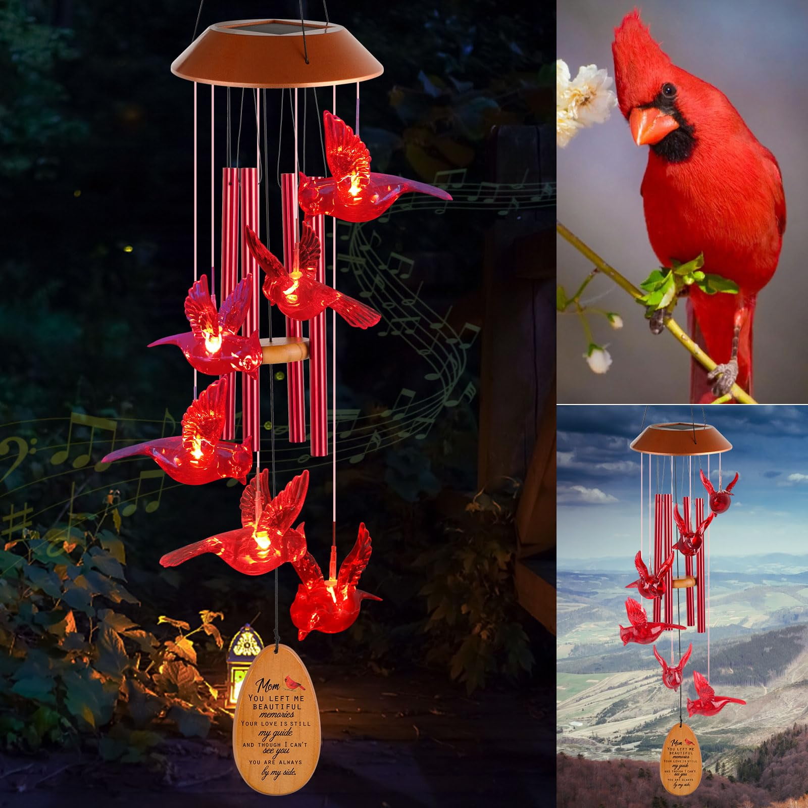 Cardinal Red Bird Solar Wind Chimes - Outdoor Garden Gifts for Mom from Daughter or Son - Mom's Room Decor for Mother's Day, Thanksgiving, Christmas, Birthday