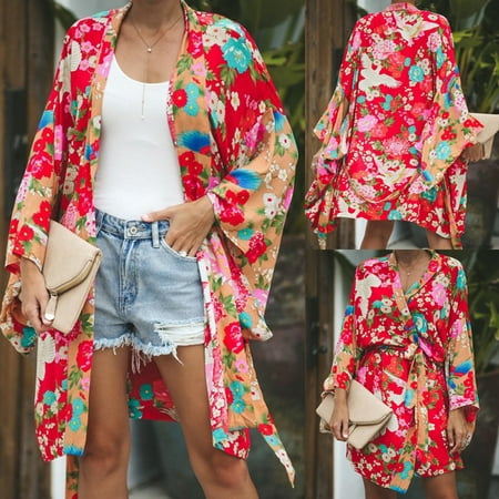 Women's Vintage Loose Blouse Summer Boho Floral Coat Shawl Kimono Cardigan Tops Red Size
