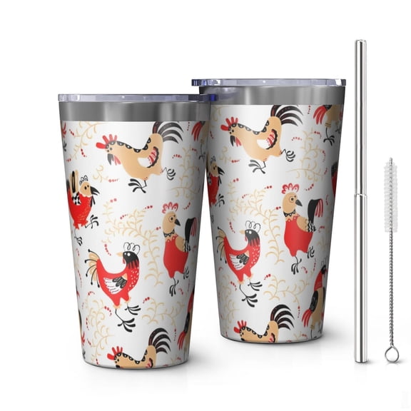 16oz Tumblers White Chicken Folk Pattern Stainless Steel Vacuum Insulated Double Wall Travel Tumbler Cups Mug with Lid and Straw,Cleaning Brush for Coffee,Tea