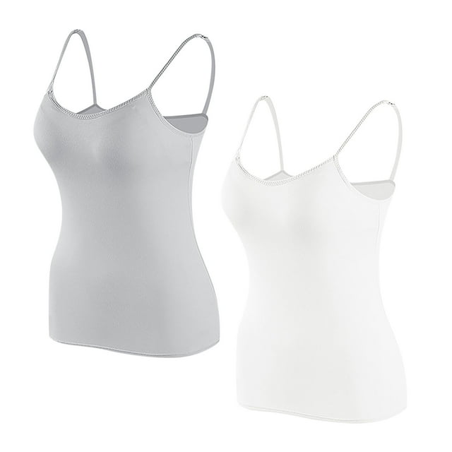 Timegard Camisoles pour Femmes 2 Pcs avec Soutien-Gorge Intégré Col Rond Bretelles Spaghetti Ajustées Douces Maillots de Corps Décontractés Hauts de Pyjama