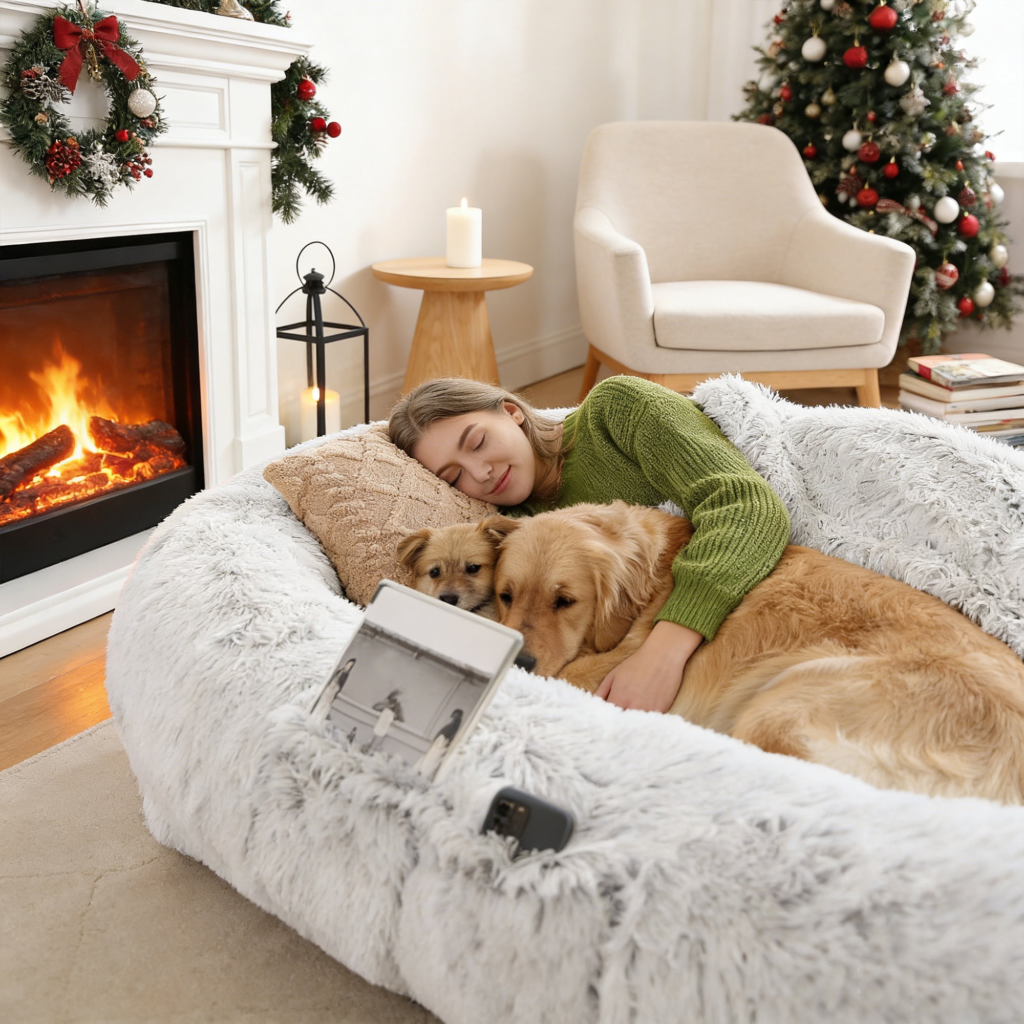 71-inch Giant Dog Bed in Gray, Soft Washable Faux Fur Orthopedic Nap Bed, Perfect for You and Your Pet (Blanket and Pillow Not Included)
