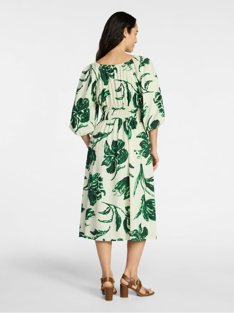 cinch wasit long sleeve midi dress Time and Tru Women's Cinch Waist Midi Dress with Puff Sleeves, Sizes XS-XXXL