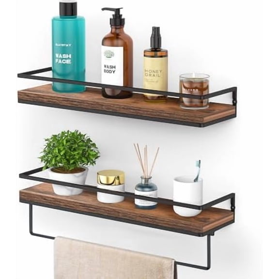 Floating Shelves Wall Mounted Set of 2, Towel Bar Rustic Wood Wall Storage Shelves for Bedroom,Living Room,Bathroom, Kitchen Rustic Brown