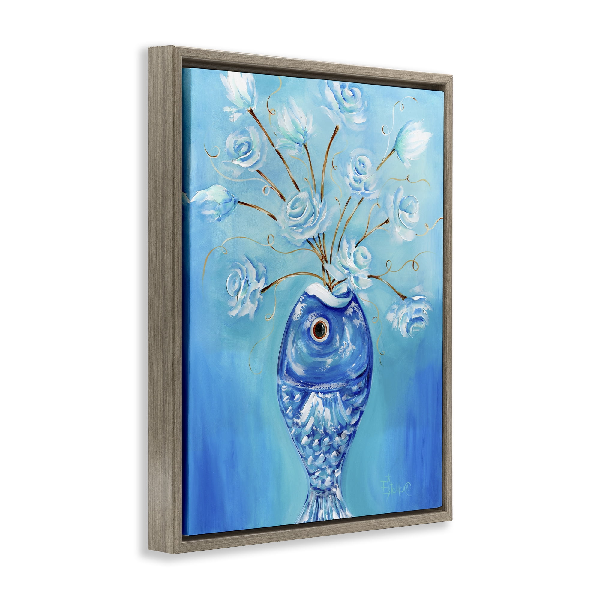 Stupell Industries Fish Vase Bouquet Botanical & Floral Painting Brown Floater Framed Art Print Wall Art, 25 x 31
