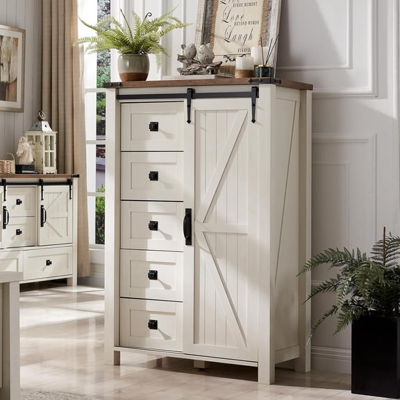 Zocalo Almacenamiento de 5 cajones con Puerta corrediza Estilo Granero, Mesa organizadora de Almacenamiento para Dormitorio, Pasillo, Sala de Estar, Blanco Antiguo