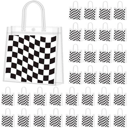 36 Pcs Checkered Racing Clear Favor Bags with Handle Reusable Plastic PVC Gift Bag Race Car Goodies Treats Wrap Totes for Birthday Wedding Graduation Party Supplies, 8 x 8 x 3.15 Inch