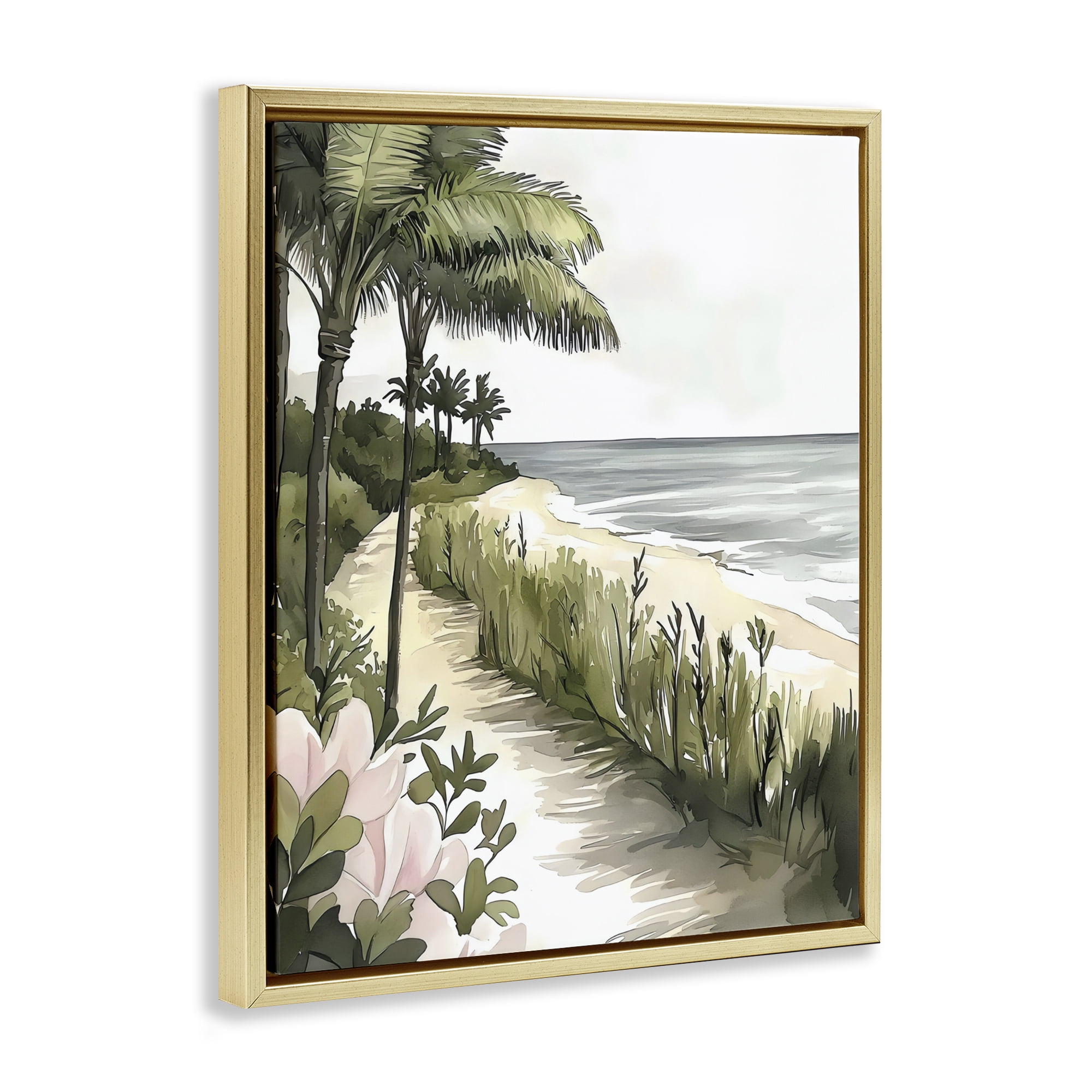 Stupell Industries Coastal Calm Palm Tree Pathway Gold Framed Floater Canvas Wall Art, design by Riley B