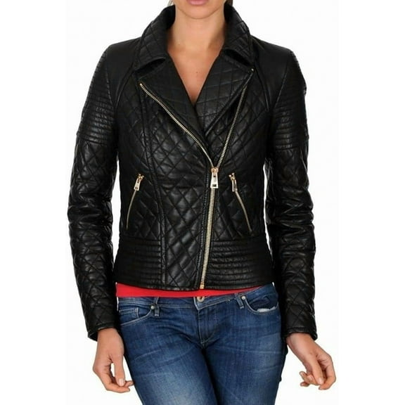 Celebrity Women's Black Quilted Lambskin Leather Jacket Motorcycle Slim Fit Biker W453