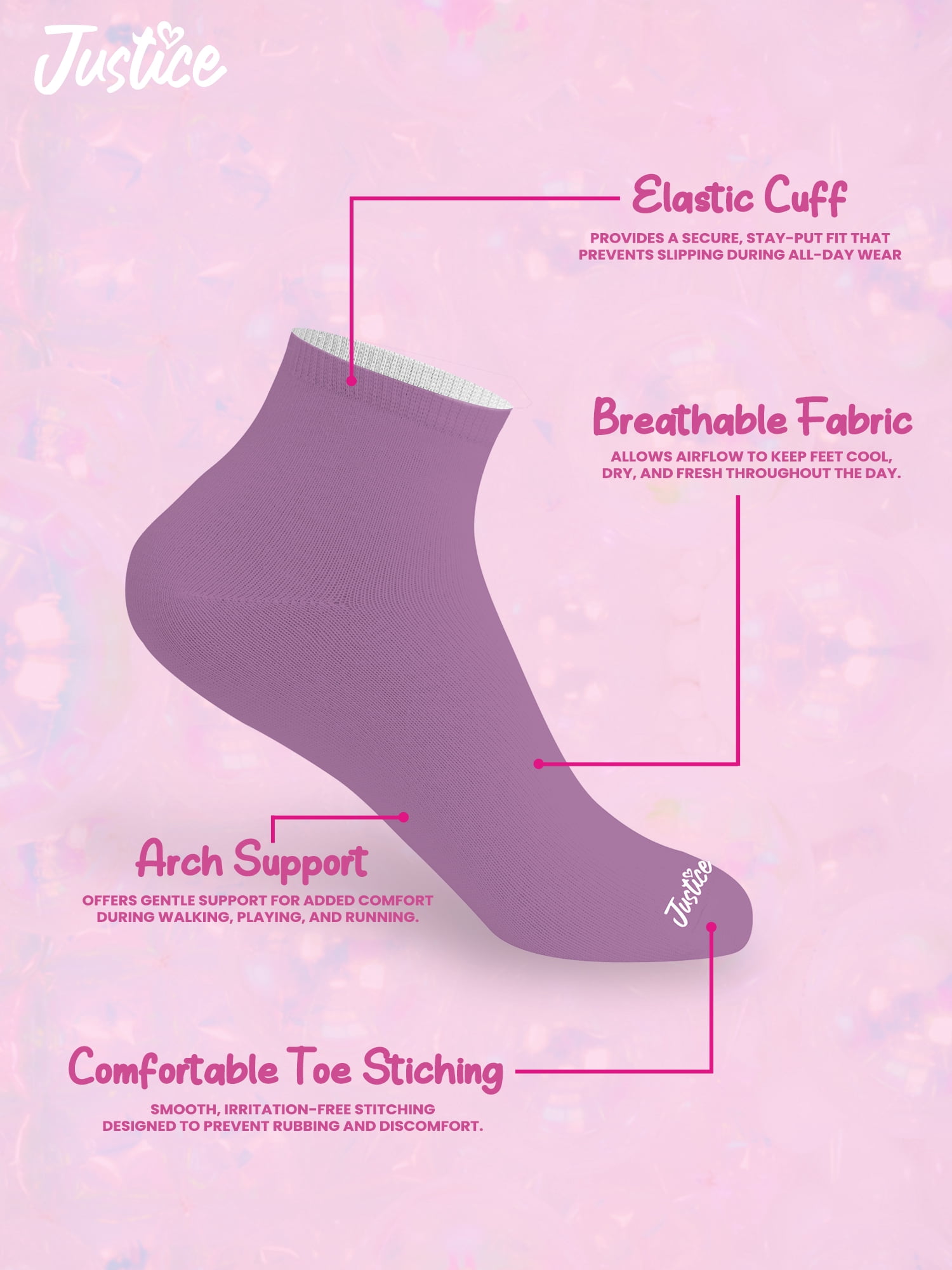Justice Cushion Embroidered Quarter Socks for Girls for Daily Wear, 10 pack Pink Multi Color
