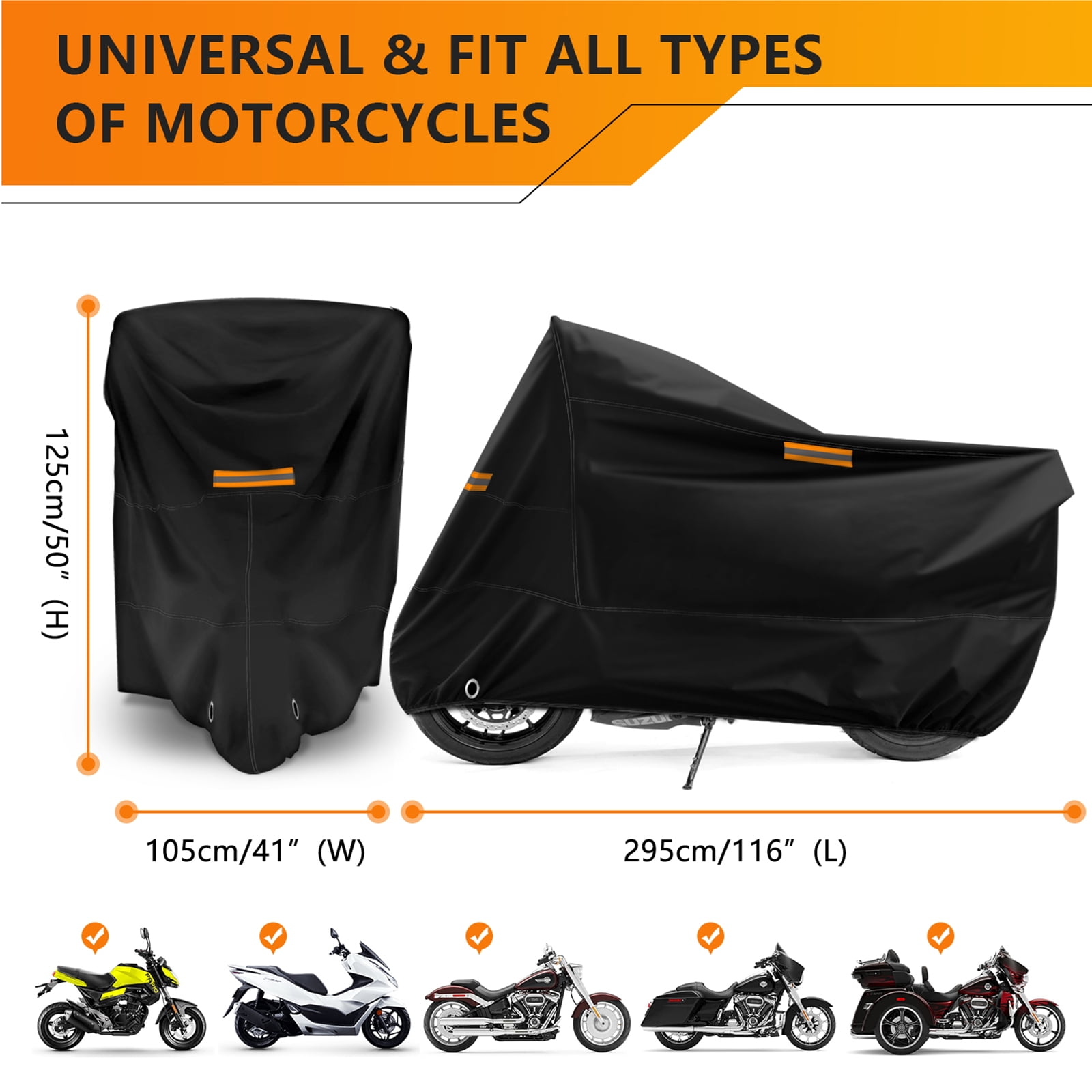 ROMGTNN Universal Motorcycle Cover Waterproof Outdoor Storage All Weather Rain Snow Sun Winter All Season Durable with Lockholes Black Oxford 116" Extra Large Harley Davidson Heavy Duty Touring Cover