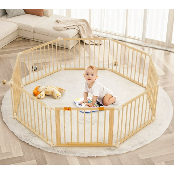 RICHRYCE Wooden Baby Gate Playpen, Baby Play Yards, Baby Play Fence with Locking Gate, Adjustable Shape