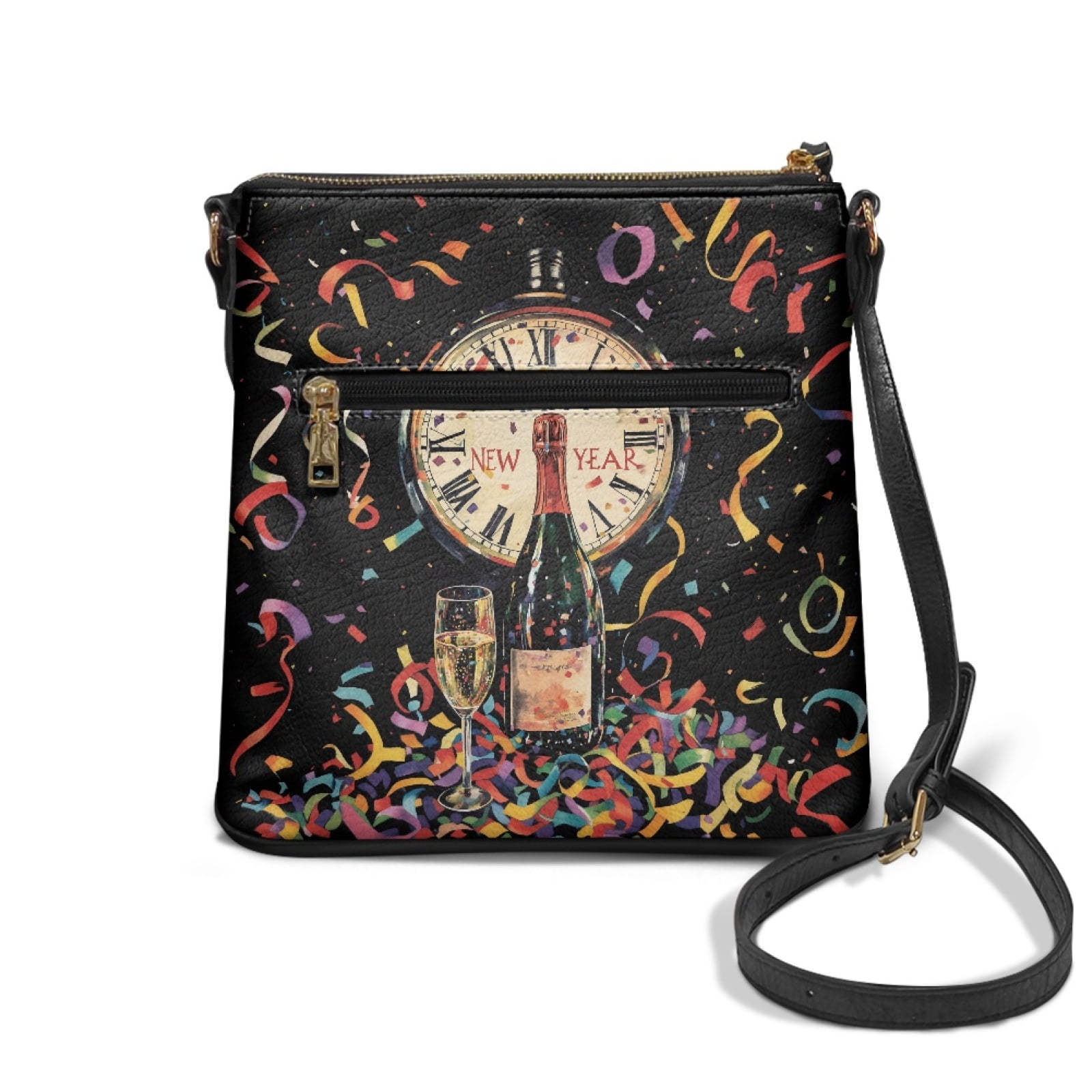 LedBack Clock Print Satchel Purses for Women Medium Size Leather Crossbody Purse Bag with Adjustable Strap, Zipper Shoulder Bag Hobo Bag for Ladies for Travel Shopping (Happy New Year)