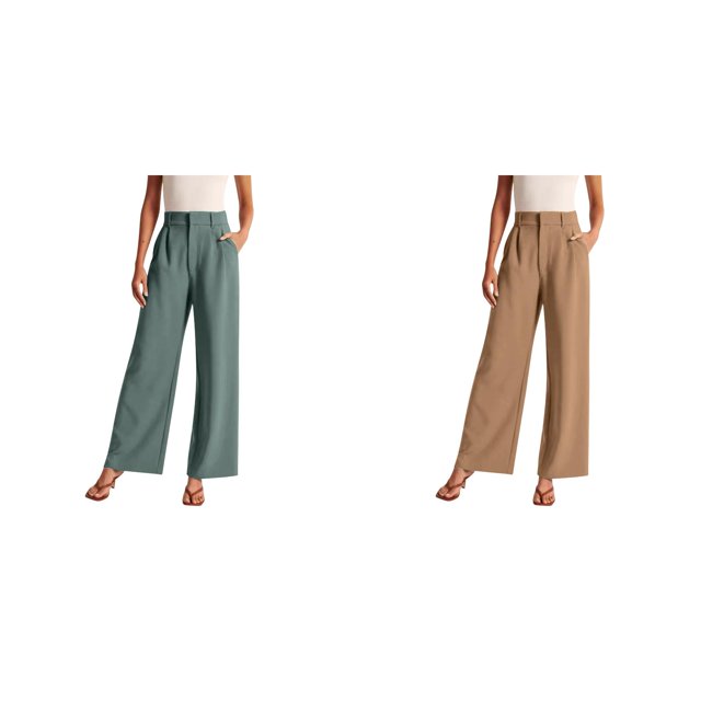 (2-Pack) Rinsvye Women Tailored Wide Leg Trousers Commute Wear High Waist Design Pockets Included Belt Accessory Stylish Look Durable Fabric Comfort Fit All Day Use