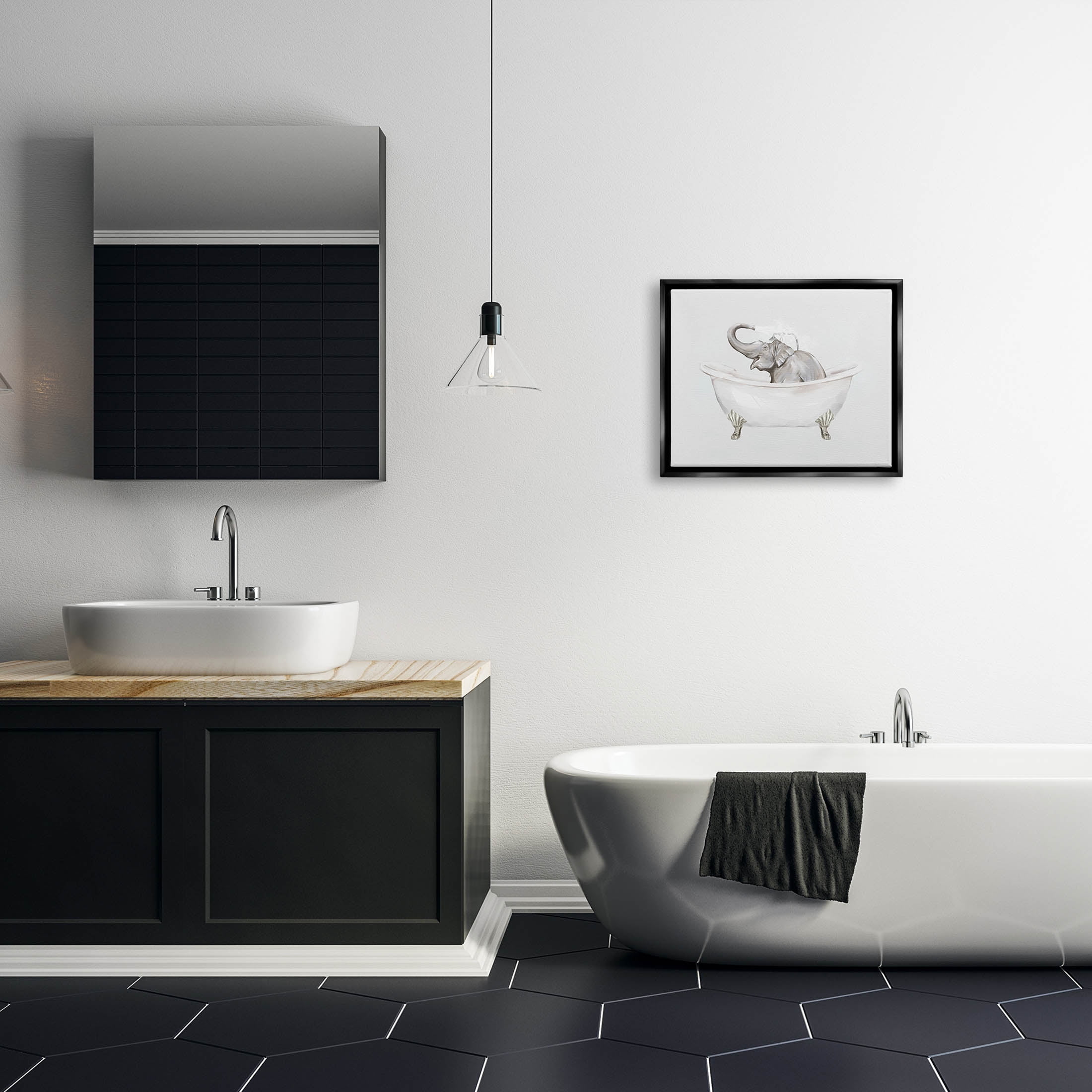 Happy Elephant Splashing Bathtub Animals & Insects Graphic Art Jet Black Framed Art Print Wall Art