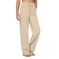 thumbnail image 2 of Summer Linen Palazzo Pants with Drawstring and Pockets for Women Wide Leg Cotton Linen Comfortable Breezy L Size Beige, 2 of 4