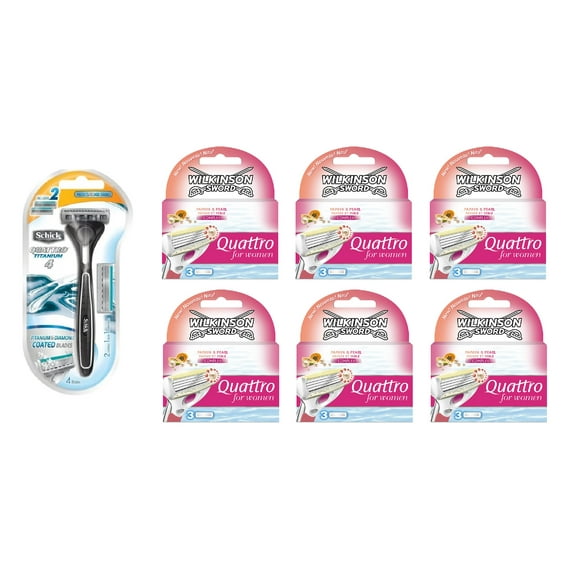 Schick Quattro Titanium 1 Razor with 2 Refill Blades and Wilkinson Quattro for Women Refill Blades, 18 count