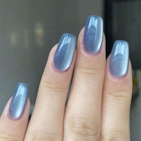 Trapezoidal Cat Eye Press on Nails Blue Glitter Galaxy Shiny Full Cover Artificial Nails 24Pcs Reusable for Women