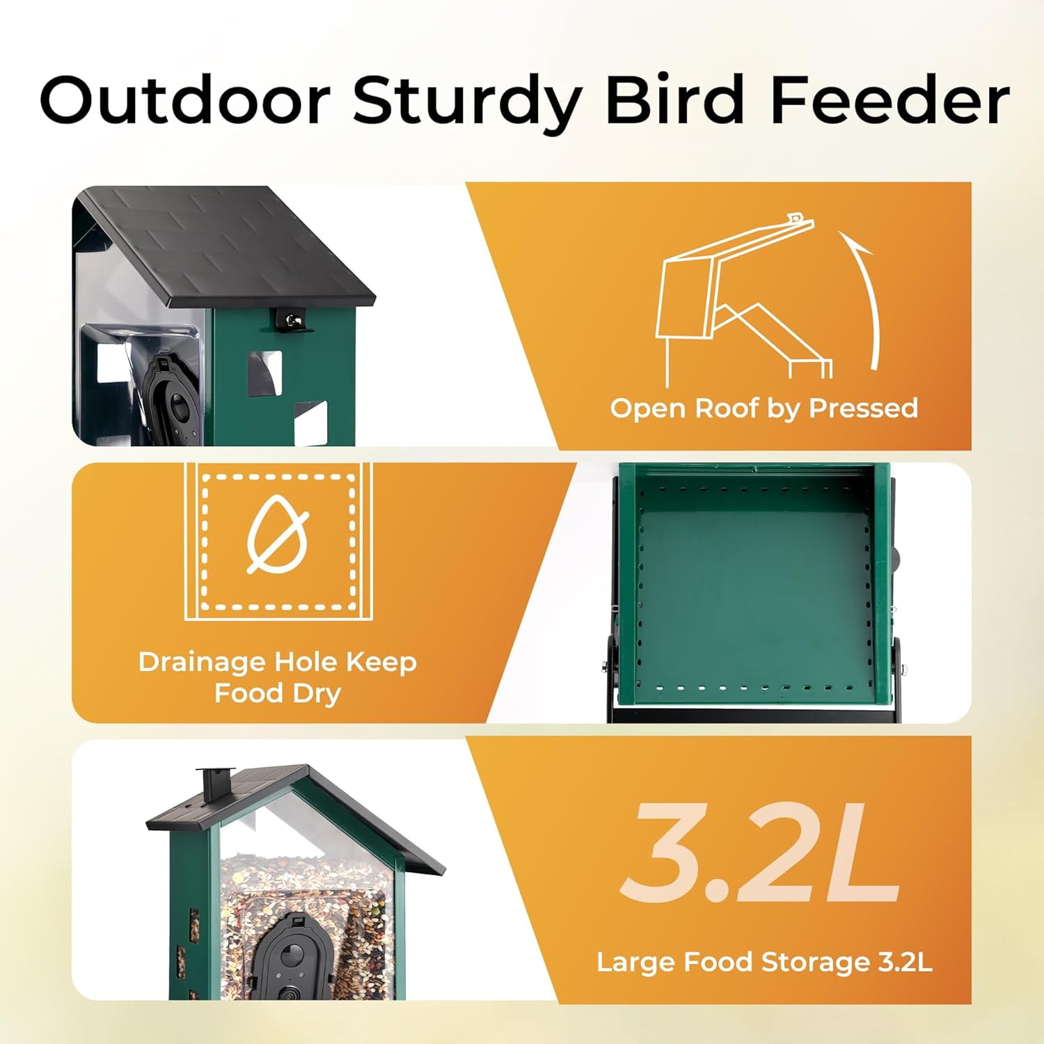 TT Nature Smart Bird Feeder with Camera, Solar Powered Squirrel Proof Outdoor Bird Watching, AI Species Identification, 3.2L, Green