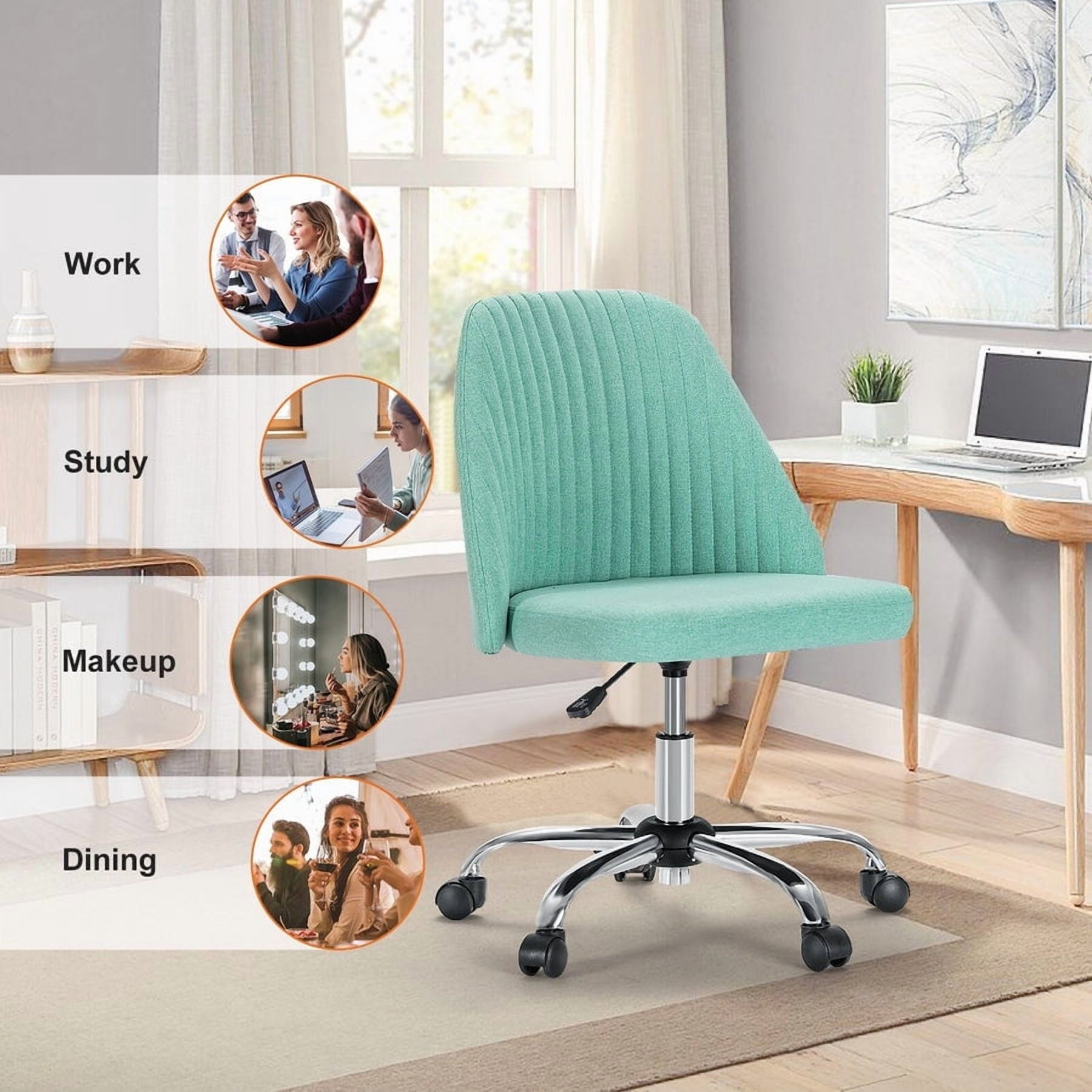 Colorful Linen Desk Chair, Comfy Thick Seat with Swivel Wheels, Armless Task Chair, Green