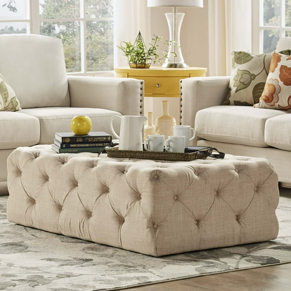 Weston Home Bowman Rectangular Tufted Ottoman with Casters, Beige Linen