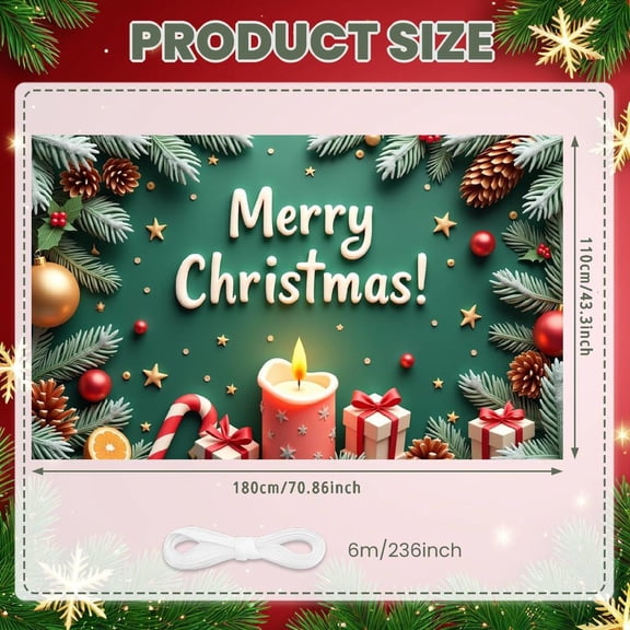 Green Theme Christmas Banner Festive Design Merry Christmas Banner Red Ornaments Gold Stars Xmas Banner for Christmas Party Holiday Celebration Indoor Decoration