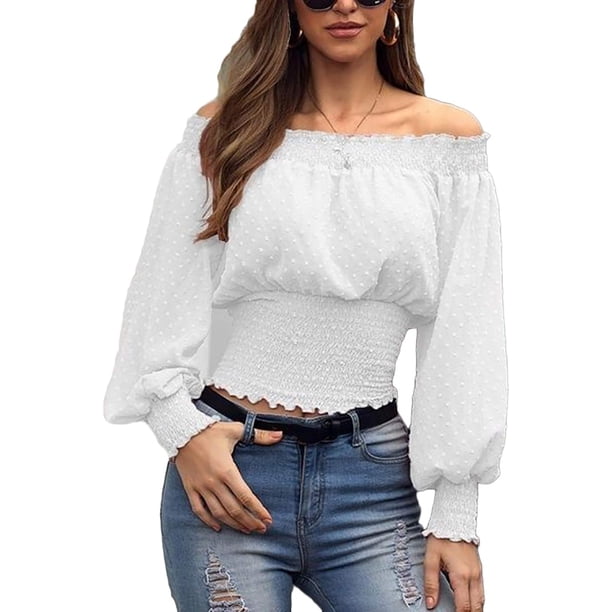 Sunloudy Blusa de otoño para mujer, Top corto de túnica elástica de manga larga con hombros descubiertos y lunares para damas, negro/blanco/rosa Sunloudy S/M/L/XL/XXL