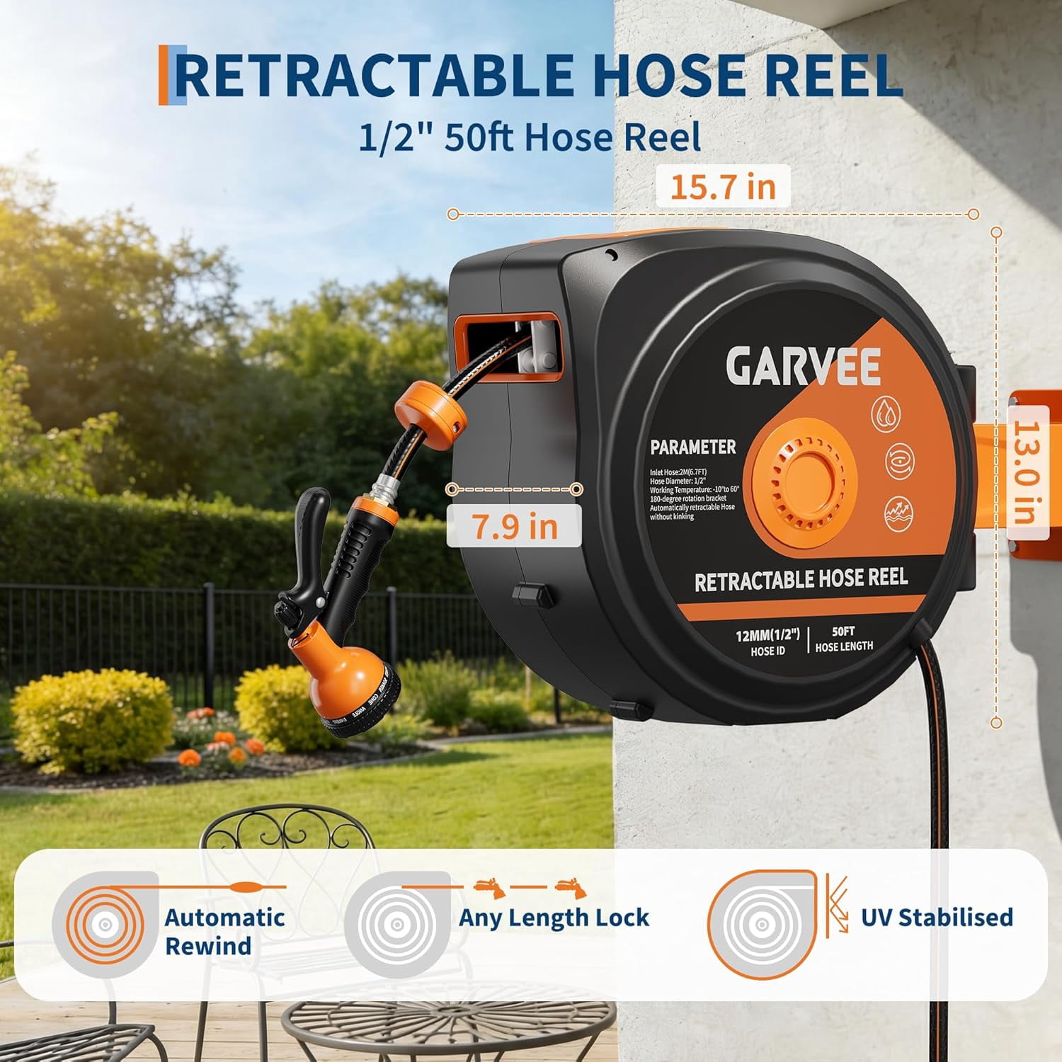 Towallmark Retractable Garden Hose Reel, 1/2" x 100 ft Wall-Mounted Heavy-Duty Hose Reel, 180° Swivel Bracket, Lock at Any Length, Slow-Rewind Return, 10-Pattern Spray Nozzle