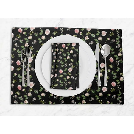 

S4Sassy Black Ball Dahliya & Rose Floral Everyday Washable Placemats With Napkins Dining Table Decor