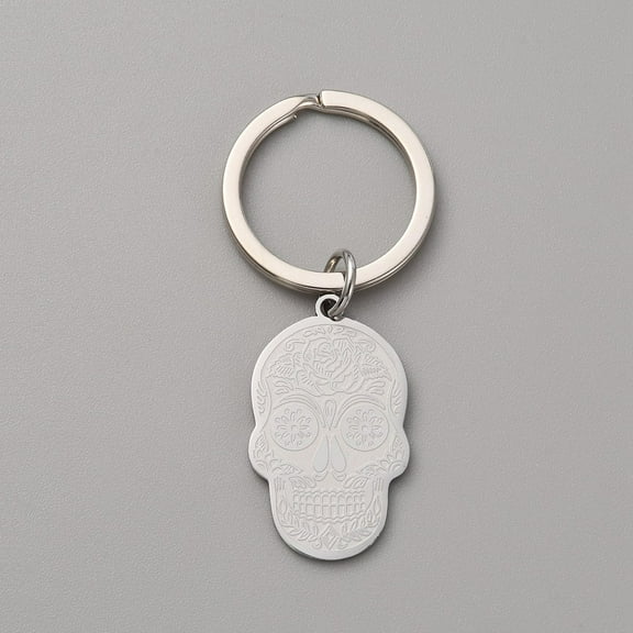 2 pc Sugar Skull 304 Stainless Steel Pendant Keychain for Keychain Purse Backpack Ornament Stainless Steel color 5.9cm
