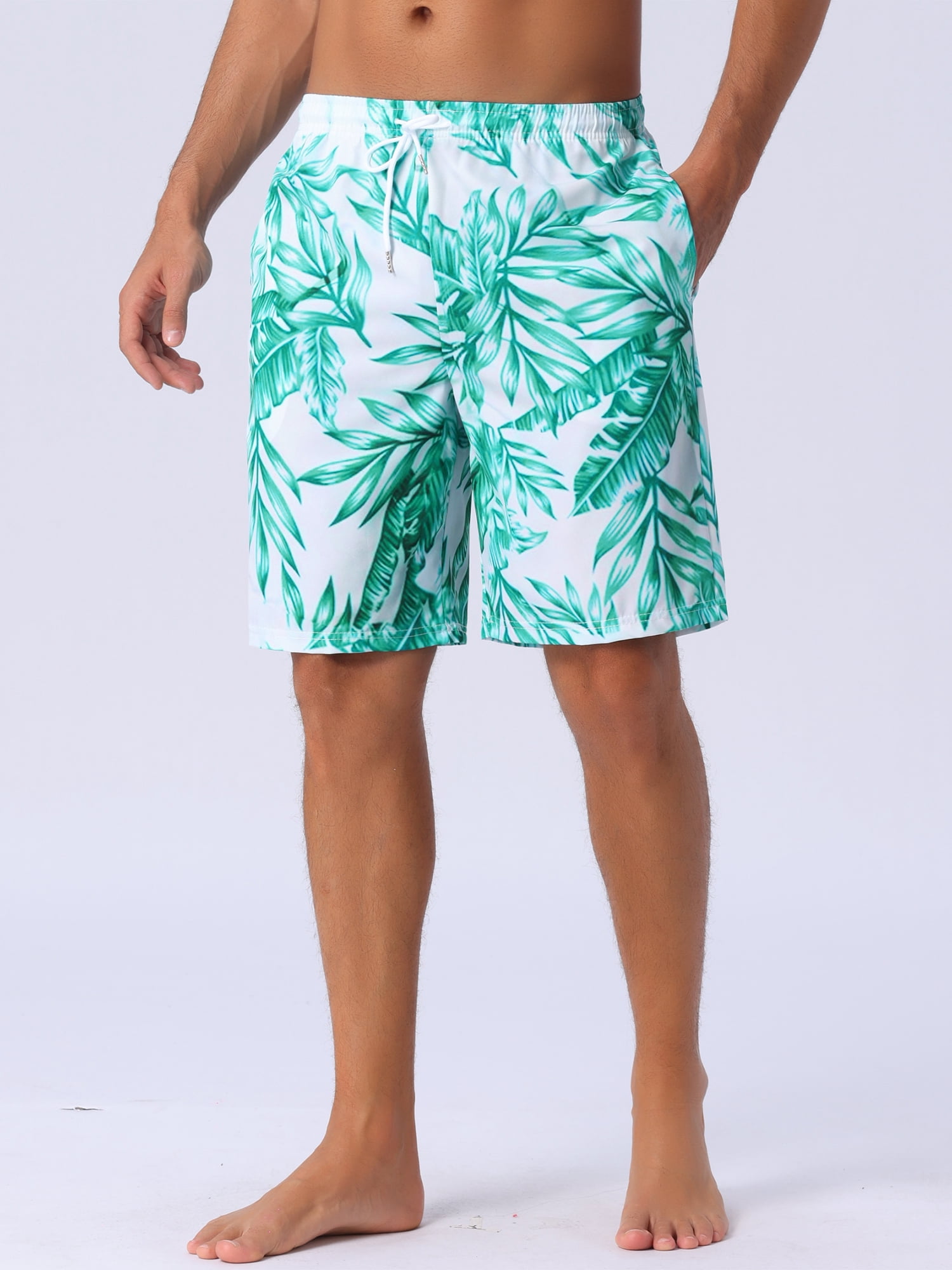 DARING DIVA Men's Floral Print Elastic Waist Drawstring Hawaiian Beach Swim Shorts 38 Green White