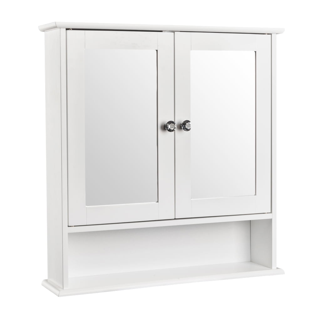 Double Door Mirror Indoor Bathroom Wall Mounted Cabinet Shelf, White