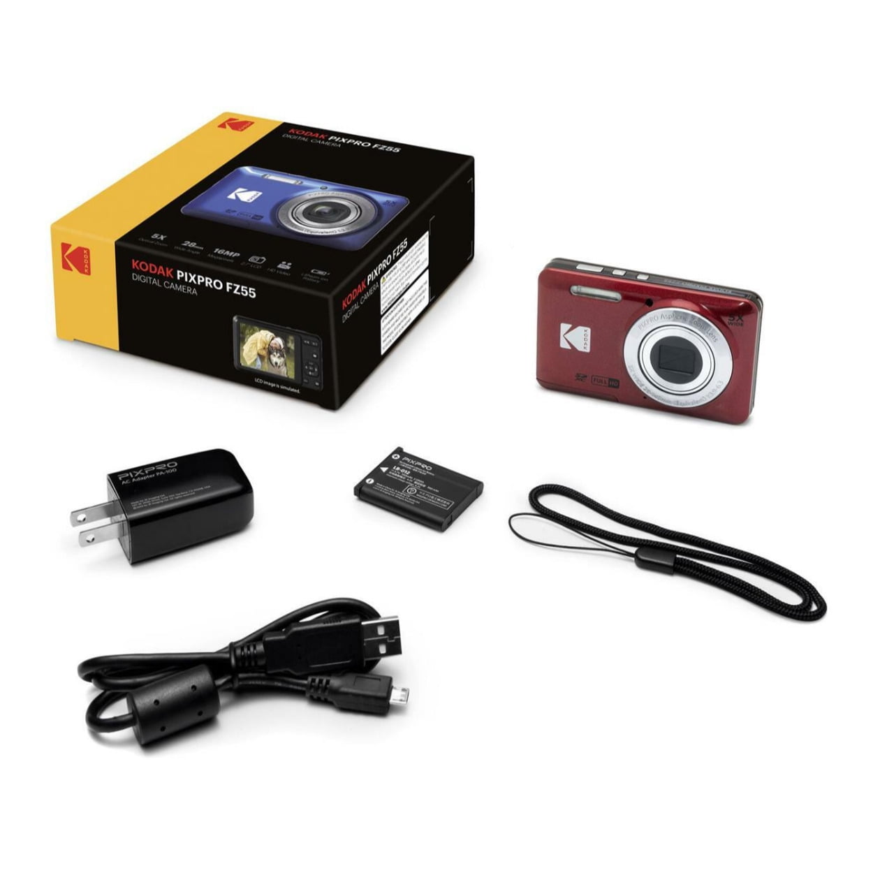 Kodak PIXPRO Friendly Zoom FZ55 Digital Camera (Red) with SD Card, Case, and Battery Travel Charger