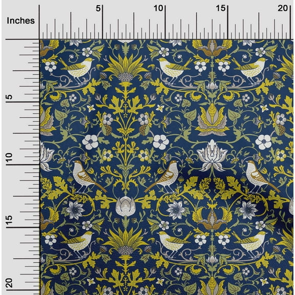 oneOone Cotton Jersey Navy Blue Fabric Leaves|Bird & Floral Artistic Quilting Supplies Print Sewing Fabric By The Yard 58 Inch Wide