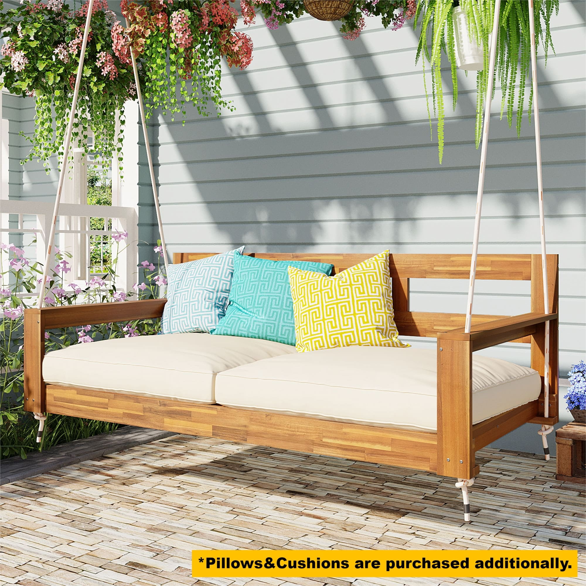 Euroco Acacia Wood Farmhouse Swing Bed with Hemp Rope Suspension, 350lbs Capacity, Twin Size, Easy Assembly, Cushions Not Included