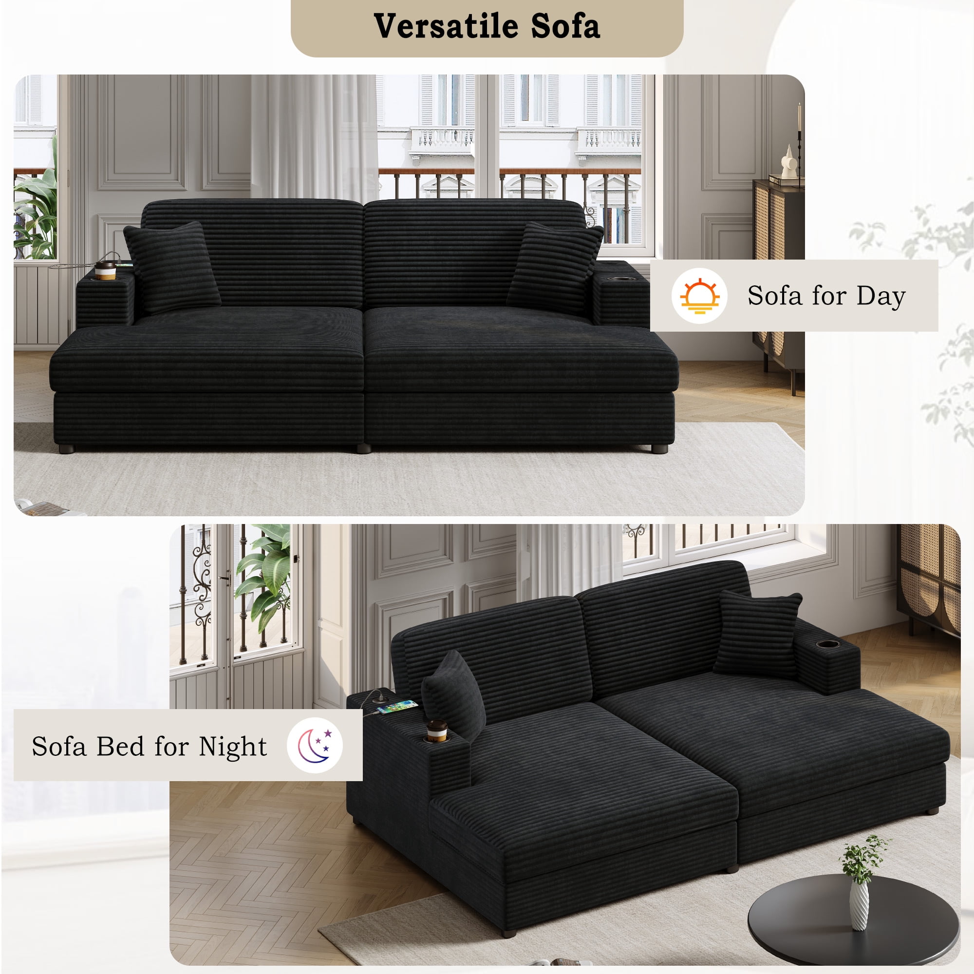 Euroco 86.5" Oversized Loveseat Chaise Lounge Sectional Sofa Bed Corduroy Sleeper Sofa with Two USB Ports , Two Cup Holders and Two Throw Pillows for Living Room and Bedroom