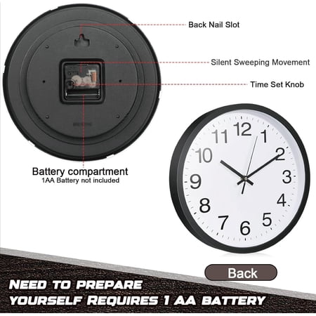 AMAATE Wall clocks,Wall Clock Bulk Large Silent Battery Clock Quartz Simulation Kitchen Home Bedroom Decoration (Black, 12 inches)