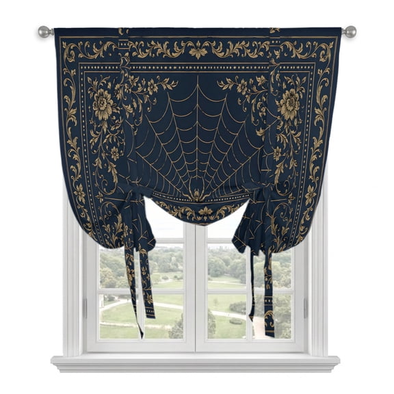 Blue Spiders Web Halloween Tie Up Curtains 45 Inches Long, Kitchen Window Curtains Over Sink, Vintage Floral Luxury Abstract Small Window Curtains Balloon Curtains Valances for Bedroom/Cafe 34"x45"