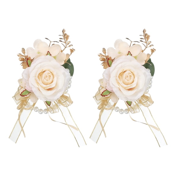 2 Pcs Champagne Flower Wrist Corsage Bracelets for Wedding Bride Groom Ceremony Party