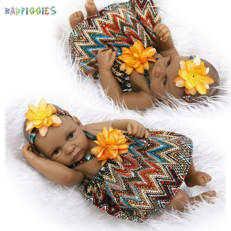 BadPiggies 11 27cm Full Body Silicone Reborn Baby Boy Doll Soft Vinyl  Lifelike American Indian Style Black Skin Newborn Doll Gift (Boy) 