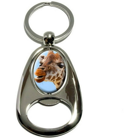 Giraffe Oval Bed Funny African Giraffe, Chrome Plated Metal Spinning Oval Design Bottle Opener Keychain Key Ring ()