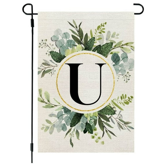 SDJMa Monogram Letter U Floral Garden Flag, Rustic Farmhouse Double Sided Linen Family Last Name Initial Yard Flag for Spring Summer Outdoor Patio Lawn Home Decor, 18x12 Inch