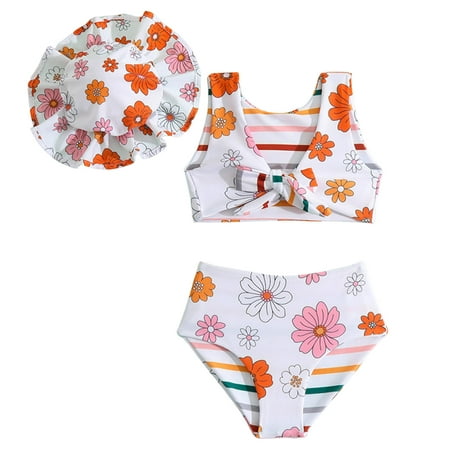 

Girls Swimsuits Full Coverage Summer Sleeveless Floral Prints Tops Shorts With Hat Tankini Sets Little Girls Bathing Suits Size 100