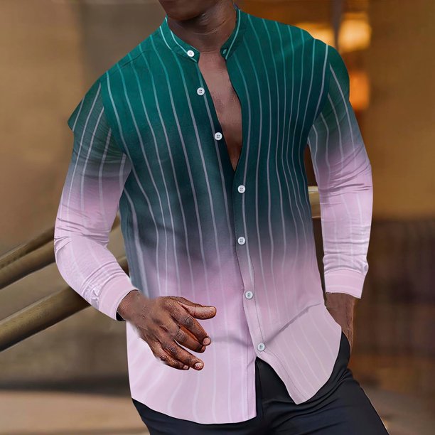 Blusa y camisa de manga larga con cuello alto para hombre, estilo informal, a rayas, con cuello alto, tipo cárdigan, camisa con botones, blusa de poliéster para hombre