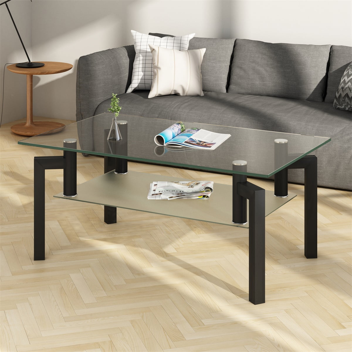 Glass Coffee Table, Rectangle Clear Coffee Table, Modern Side Center Tables for Living Room