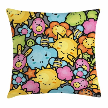 Nursery Throw Pillow Cushion Cover Cute Cartoon Characters Hy Nursery Throw Pillow Cushion Cover Cute Cartoon Characters Hy Sun Bunnies Trees Bugs Clouds Bees